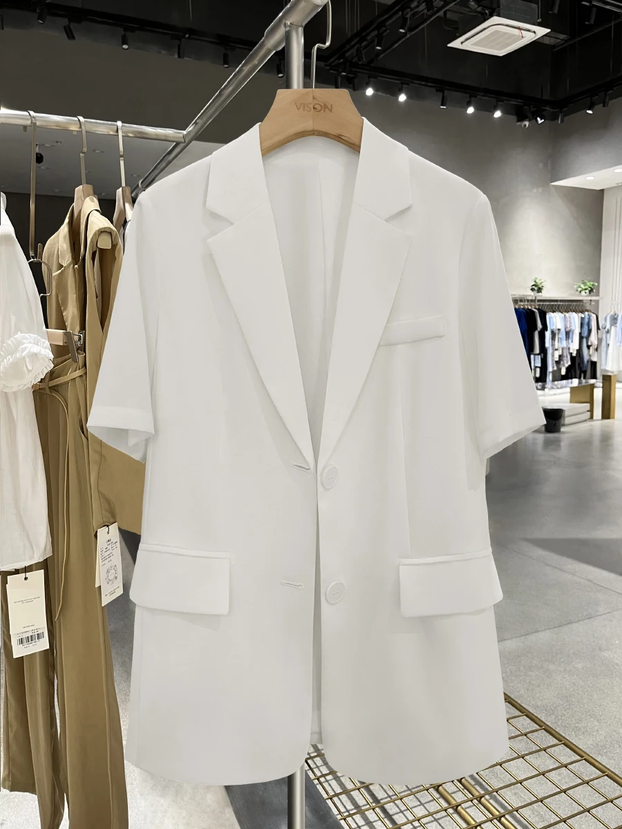 

Модный повседневный легкий женский костюм-жакет с коротким рукавом, новинка лета 2025, уличный стиль, высококачественный белый полиэстер