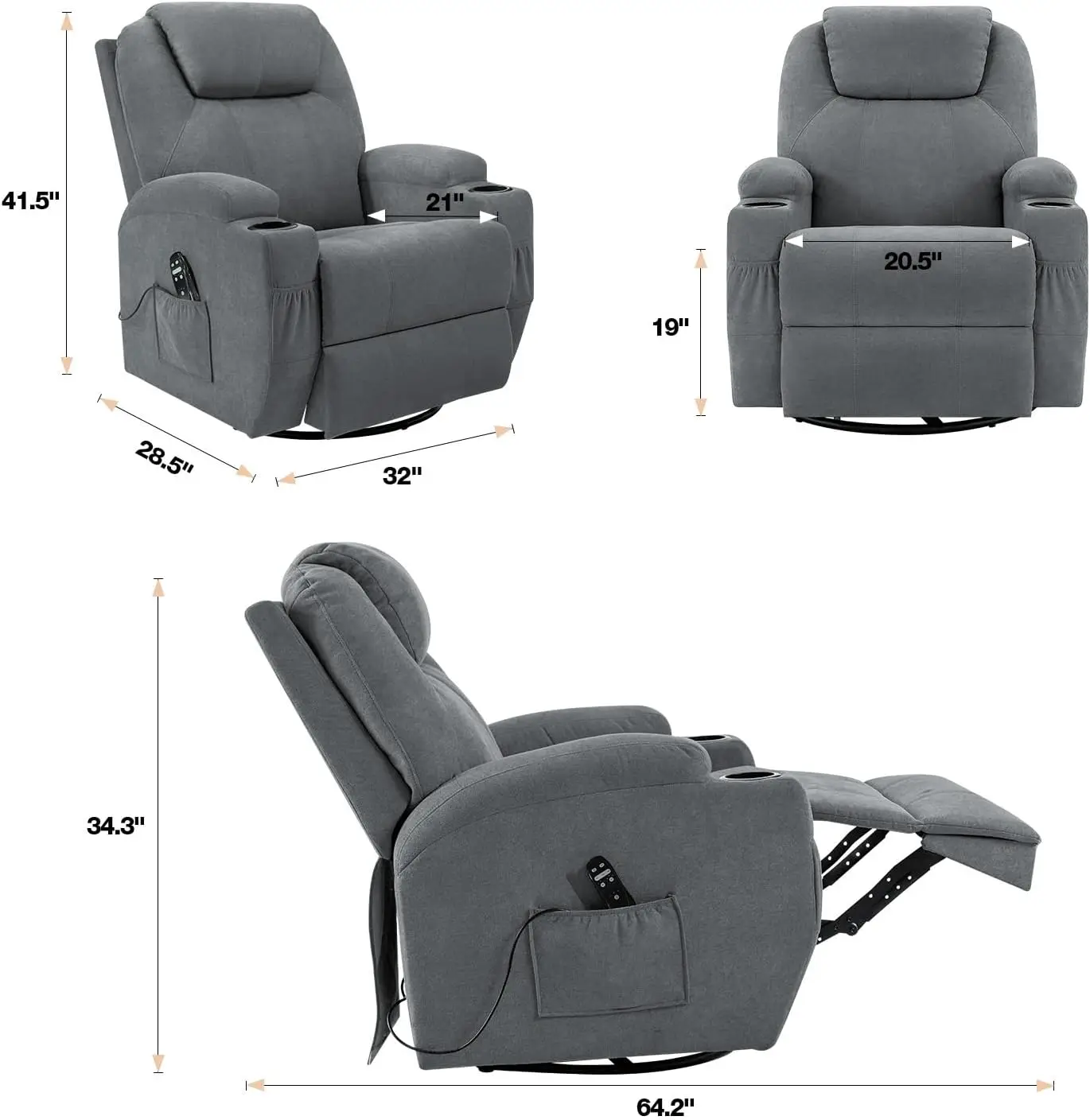 Rocking Chair Recliner Chair with Massage Swivel Ergonomic Lounge Chair Classic Single Sofa with 2 Cup Holders Side Pockets Livi