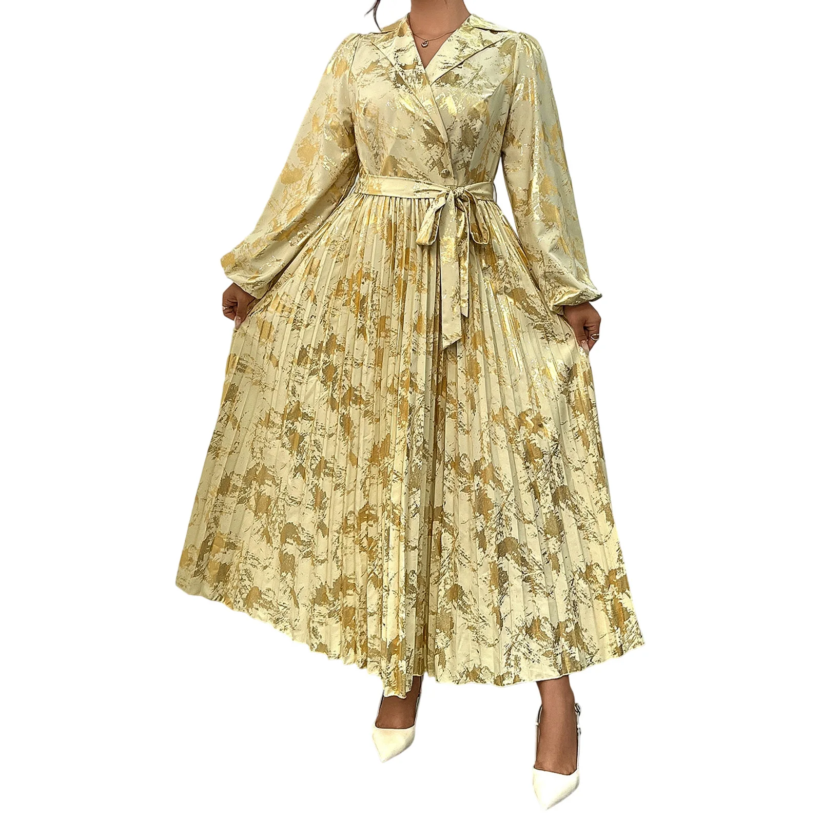 

Женское платье больших размеров с листьями, модное длинное платье с длинными рукавами и лацканами с V-образным вырезом и рюшами