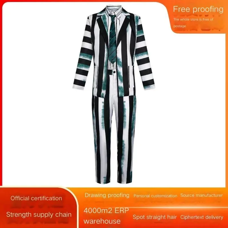 

Infernal mage cosplay costume, Beetle juice, Michael Keaton green black and white striped cosplay stage performance costume
