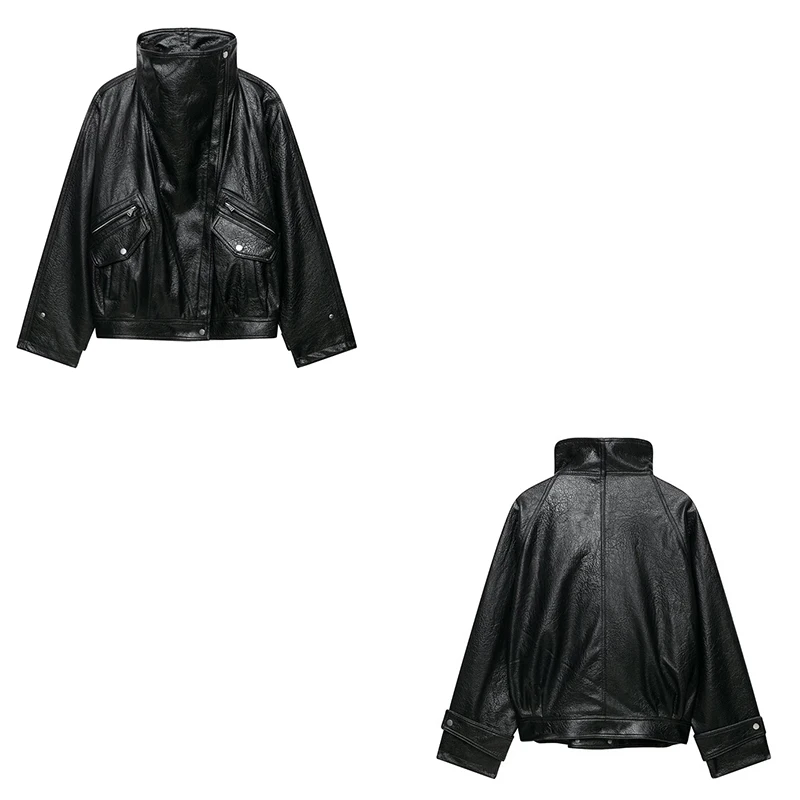 Guobioziy Women's Slim-Fit Pleated Faux Leather Jacket 2026 Spring-Autumn New European Casual Fashion Trend Motorcycle Street