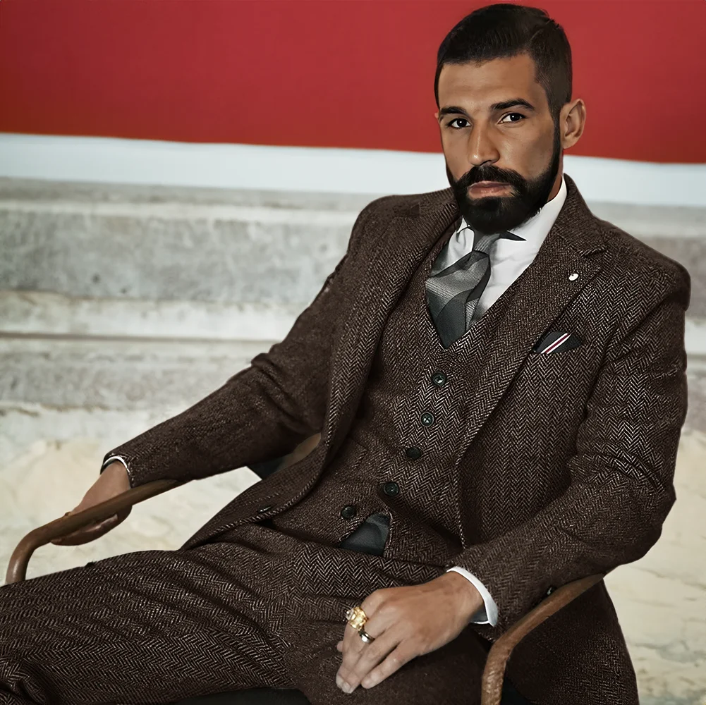 Men\'s Wool Suit 3 Piece Set Winter Twill Jacket Pants Vest Business Formal Men Blazer Classic Design Custom Size