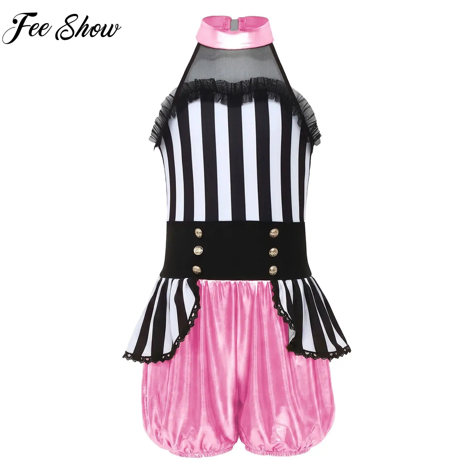 Kids Girls Circus Ringmaster Jazz Dance Jumpsuit Costumes Sleeveless Leotards Patchwork Overlay Halloween Performance Dancewear