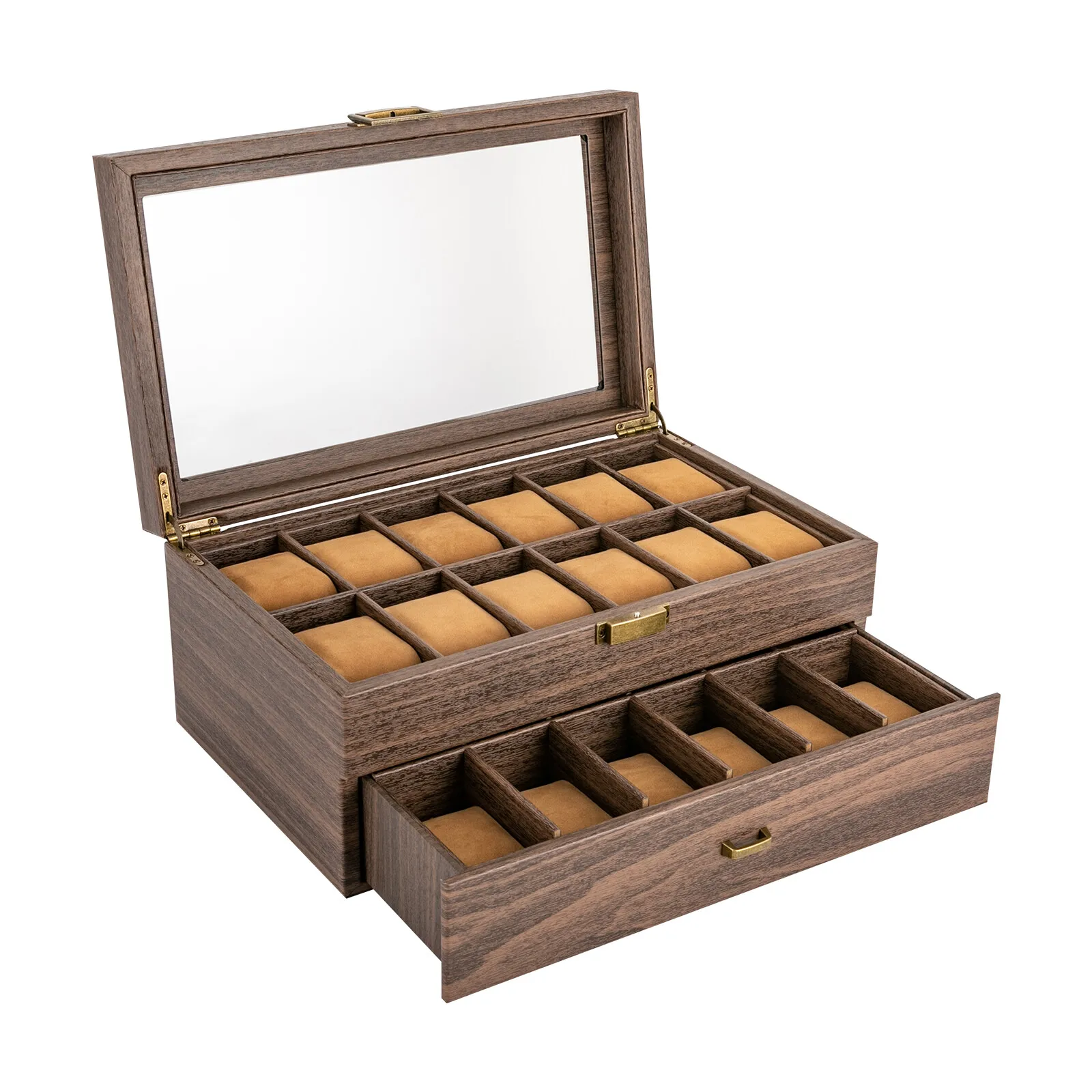 

24 Slots Mens Jewelry Holder Watch Display Case, Watch Box, PU Watch Case, w/ Drawer, 34x21x15cm Glass Top Snap Case Organizer