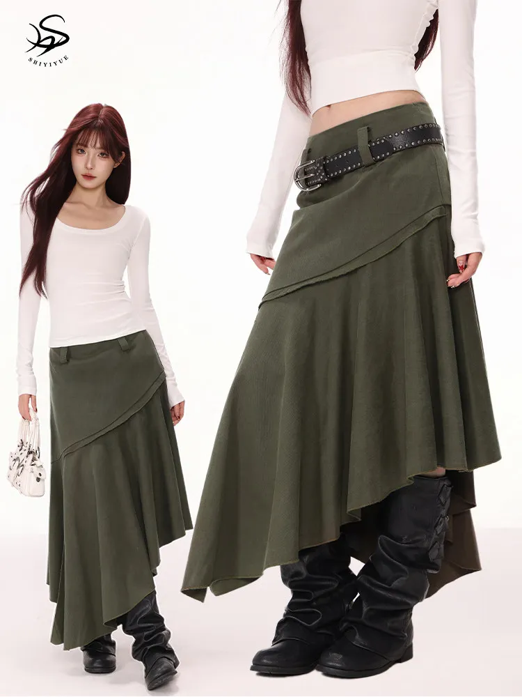 Women Stitch Ruffle Skirt Irregular Hem High Waist Maxi Long Casual Asymmetrical Skirt Festival Vintage Bottoms