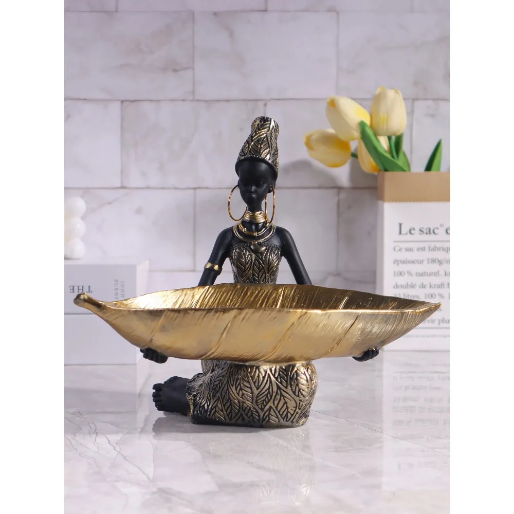 

African Girl Holding a Plate Sculpture Home and Office Decorative Storage Ornament Vintage Collectible Craft Deskt Decor