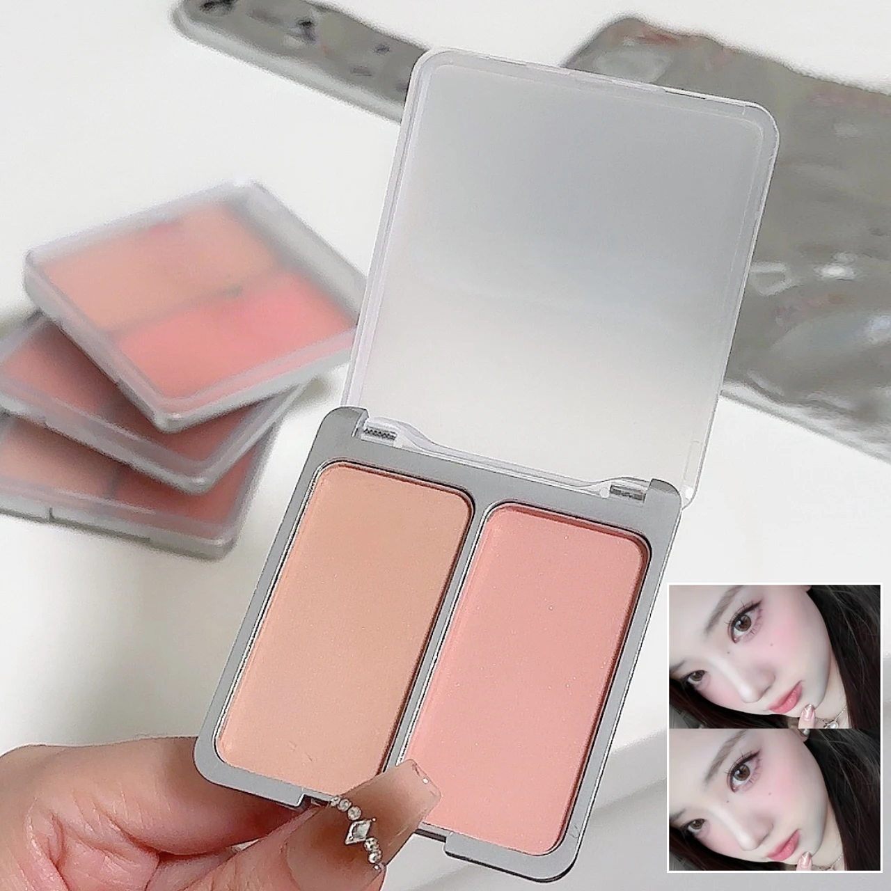 Zweifarbige Rouge Puder Palette natürliche matte aufhellen Haut Rouge Milch Pfirsich rosa lila Aprikose Rubor Rouge koreanisches Make-up