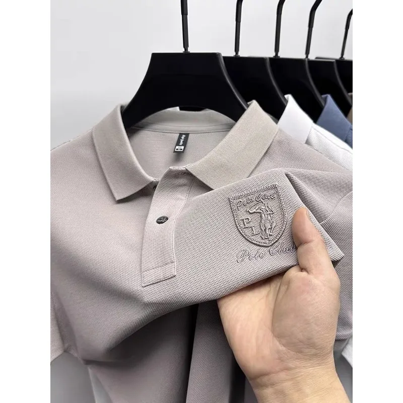 

100% pure cotton high-end polo shirt men's new summer short sleeved heavy embroidery lapel T-shirt loose casual top