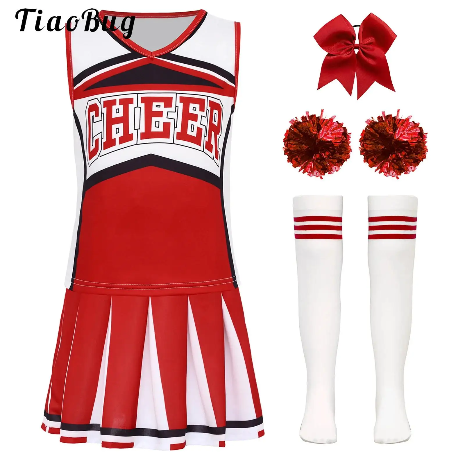 

Girls Cheerleading Costume Outfit Letter Print Sleeveless Top with Skirt Headwear Striped Socks Cheerleader Uniform Performance