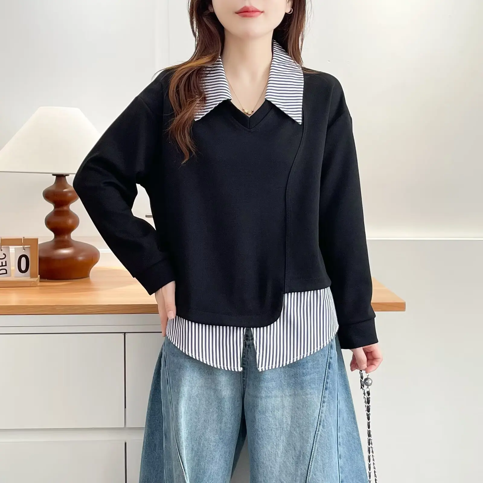 

XXXXL Fashion Plus Size Women's Sweatshirt Autumn New Casual Irregular Striped Hoodies 2540