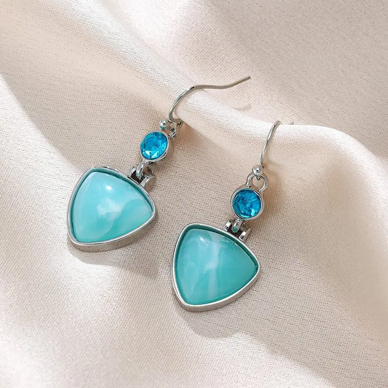 Bohemian Earring Round Imitation Turquoise Crystal Triangular Light Blue Synthetic Zircon Pendant Simple Daily Women Earring