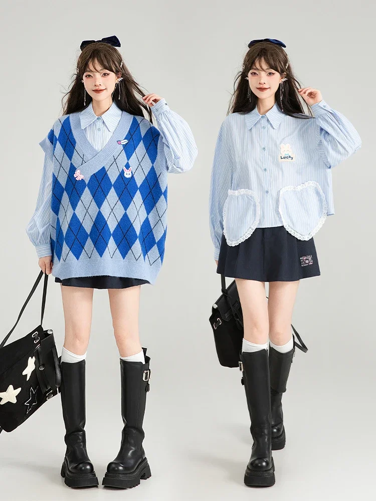 Sweet Preppy Polo Collar Long Sleeve Single-Breasted Striped Heart Pocket Top Shirt High Waist A-line Pleated Short Skirt Women