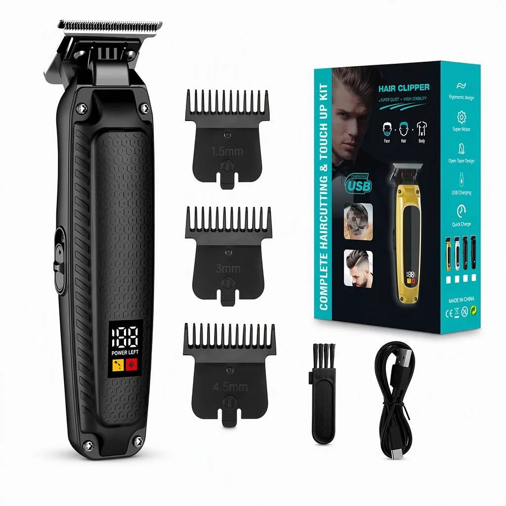 Professional Hair Clipper Trimmer Kit USB Cordless T-Blade Barber Grooming Set with LED Digital Display 3 Guide Combs for Men