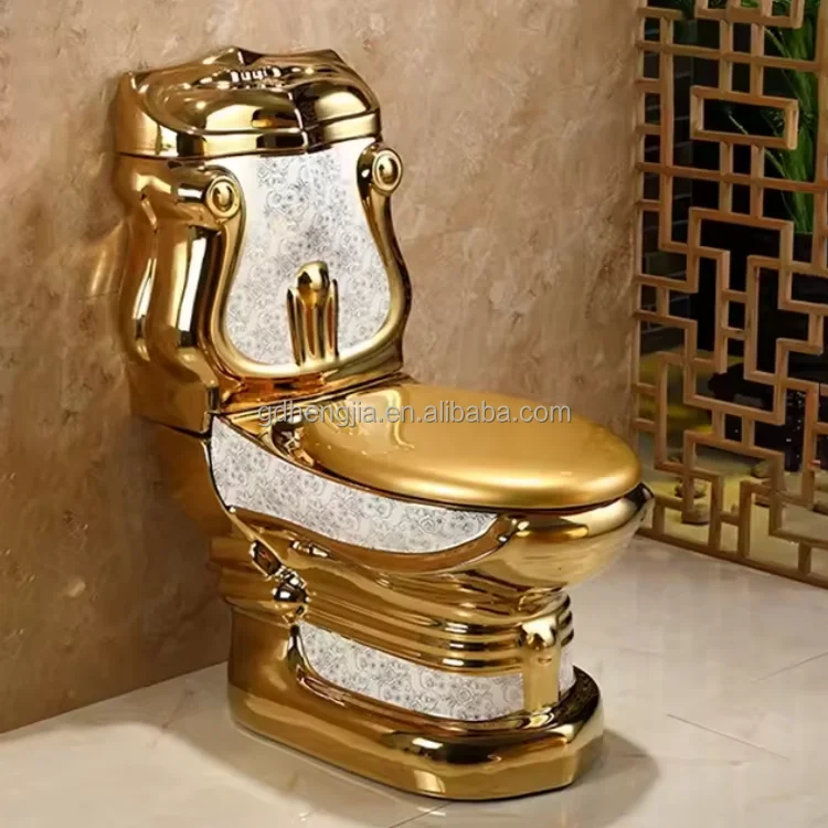 Luxury Hotel Ceramic WC Washdown Two-Piece Toilet Commode Modern Gold-Colored Bathroom S-Trap Drainage Concealed Dual-Flush