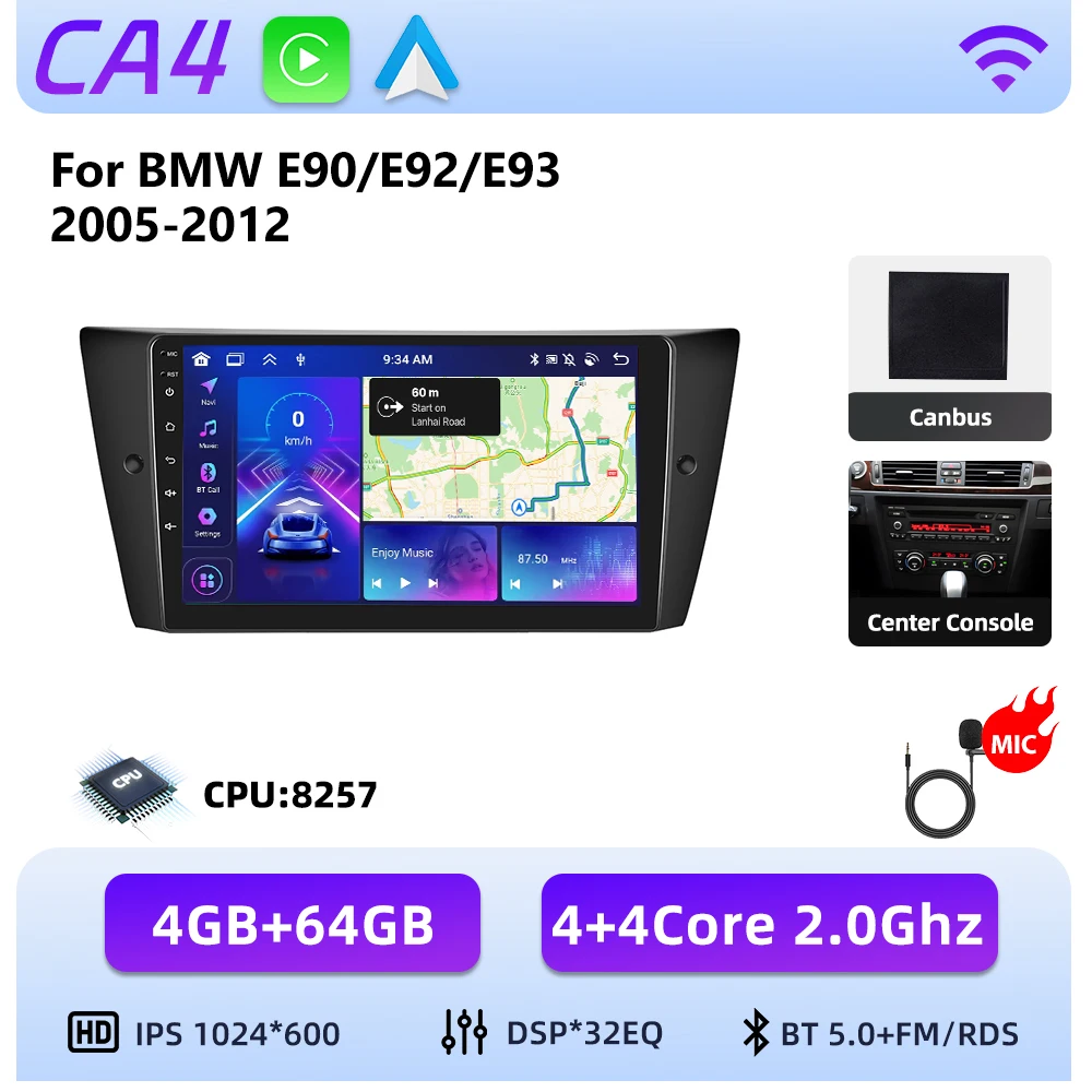 Podofo 8-core Android autoradio voor BMW E90/E92/E93 2005-2012 met draadloze Carplay, Android auto-audio, GPS-navigatie, 4G LTE en WIFI