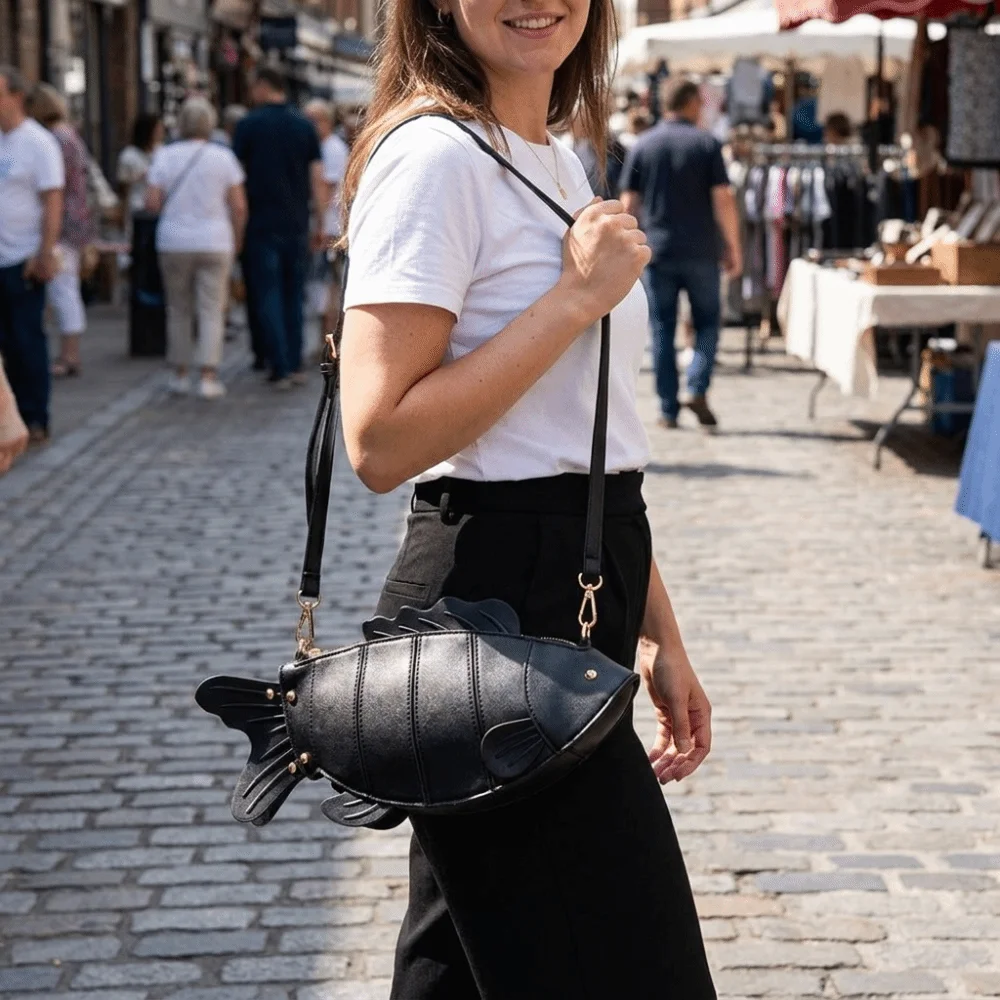 

Creative Simulation Fish Shaped Crossbody Bag 3D Rivet Animal Shape Shoulder Bag Dual-use Design Faux Leather Slouchy Hobo Bag
