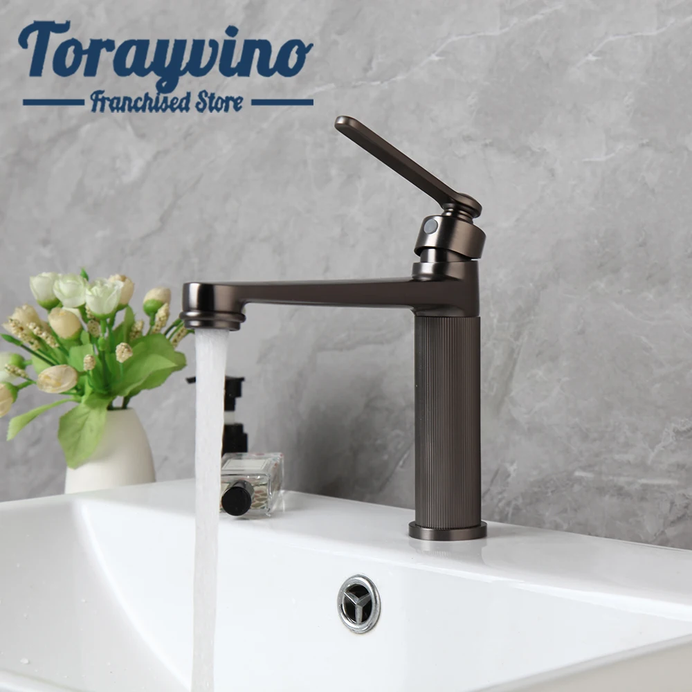 

Torayvino Gun Grey Bathroom Basin Faucet Deck Mounted With Single Handle Tall And Short Stream Hot & Cold Water Mixer Taps