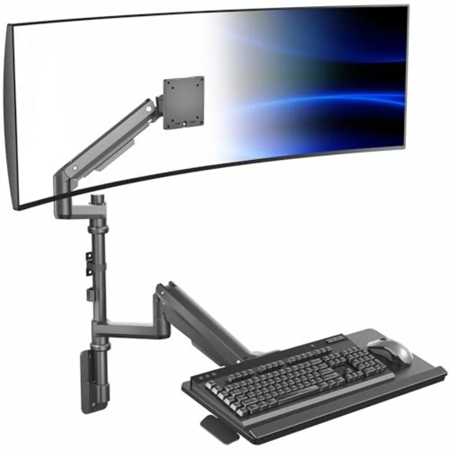 Office sit-stand ultrawide monitor wall mount for up to 49-inch screens, steel black, pneumatic height adjustment with integrat