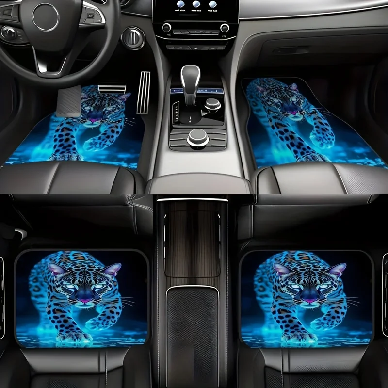 4pcs Polyester Fiber Universal Car Floor Mats Featuring A Blue Leopard Design with An Animal Theme, Non-Slip Carpets