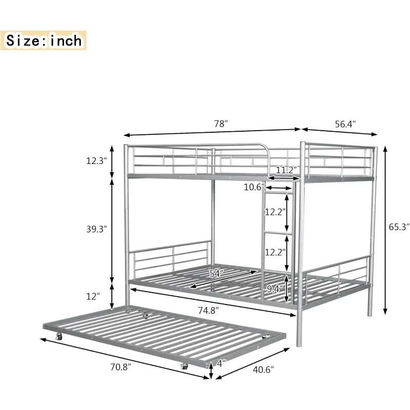 Цельнометаллическая двухъярусная кровать с колесами, сверхмощная двухъярусная кровать с лестницей и полноразмерными поручнями