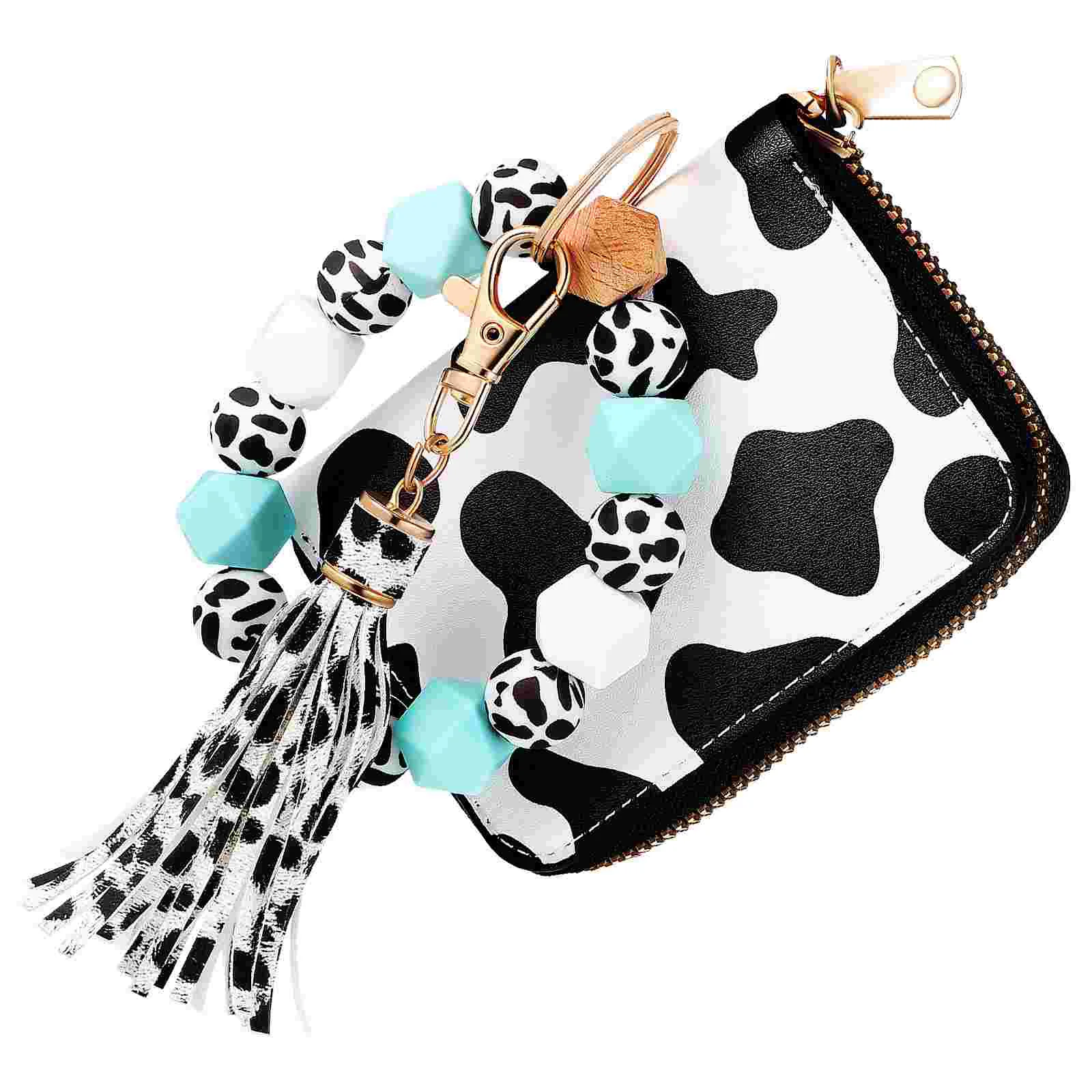 

Charming Cow Print Wallet Keychain Set Milk Cow Pattern Card Holder PU Silicone Wrist Keychain Bracelet Lightweight