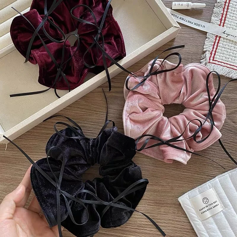 Styl baletowy, czarna, cienka kokardka, aksamitna tkanina, pętla na jelito grube, temperament, wszechstronna pętla na jelito, gumka do włosów, akcesoria do włosów