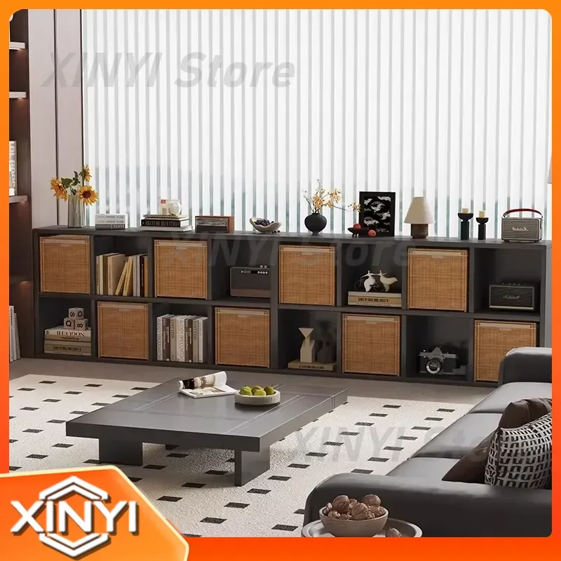 Storage Cabinet for American Retro Style Solid Wood Modular Bookcase for Living Room Black Lattice Display Shelf Home Decor