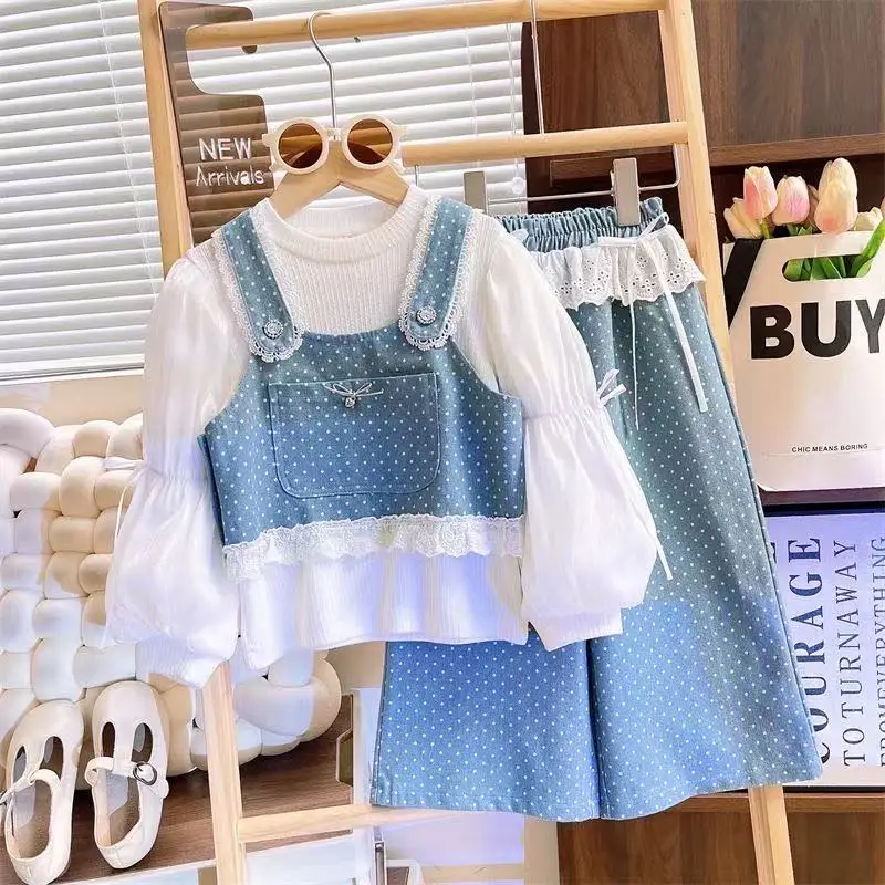 

Spring Girls' Lace Cowboy Set 2025 Autumn New Collection Girls' Bottom Shirt Vest Jeans Three-Piece Set Kids OUtfits
