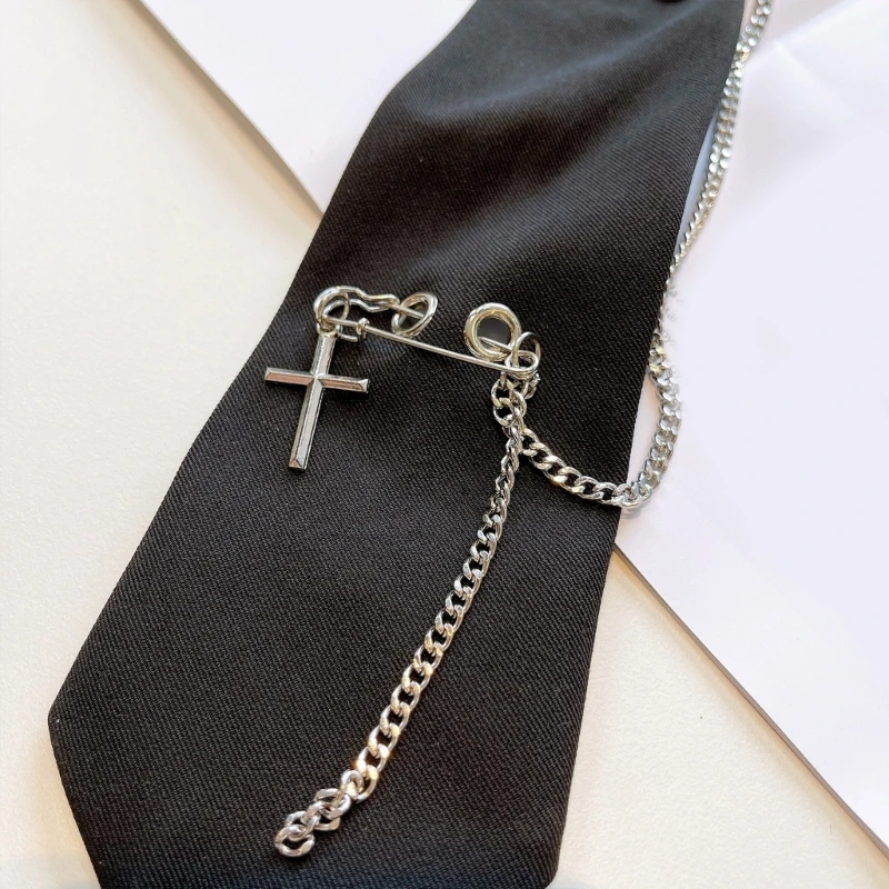 Vintage Black Necktie Gothic Punk Metal Chain Tassel Pin Ties for School Uniform Drop Shipping