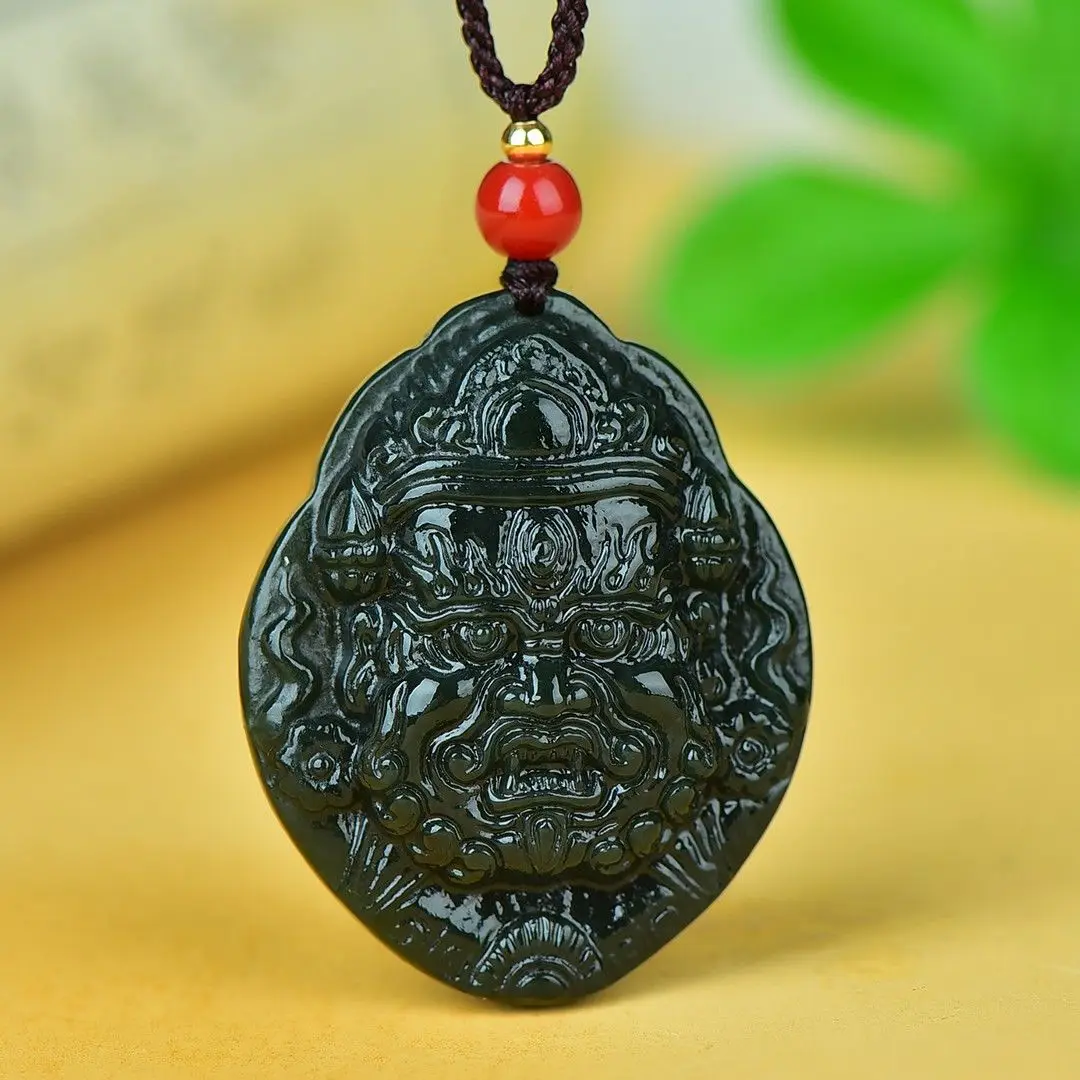 

Hetian Jade Sapphire Big Black Sky Guardian Jade Pendant Beautifully Carved, Good Luck and Peace
