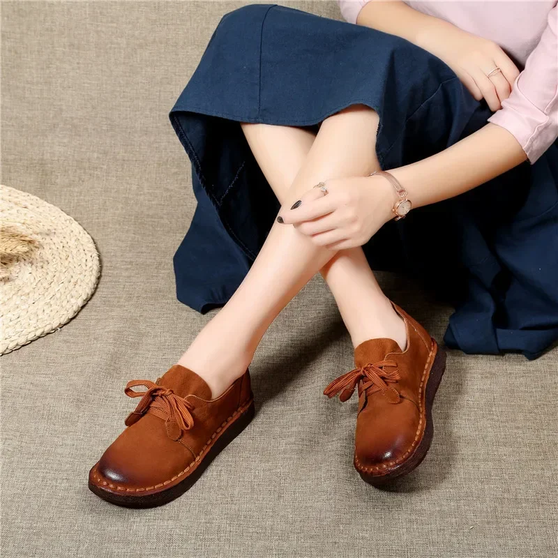 Casual Shoes Female Ladies Flats Vulcanized Shoes Genuine Leather Lace Up Flat Shoes Round Toe Classics Fashion Shoes For Woman