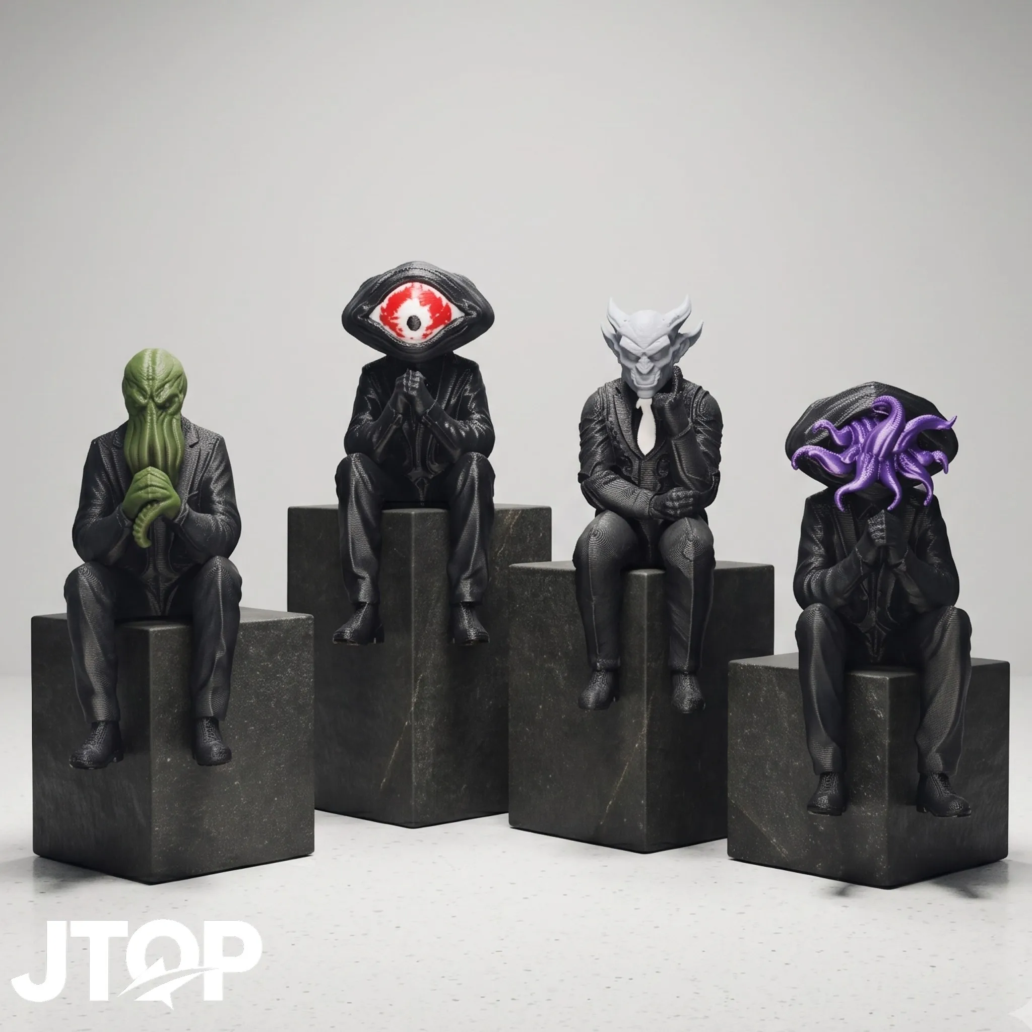 4-Piece Halloween Decor Dark Monster Sitting Statues, Big-Eyed Demon & Tentacle Monster in Black Suits Shelf Sitter Figurines, Gothic Creepy Office Desk Display, Novelty Gag Gift, Exquisite Miniature Desktop Art Crafts, Perfect for Macabre
