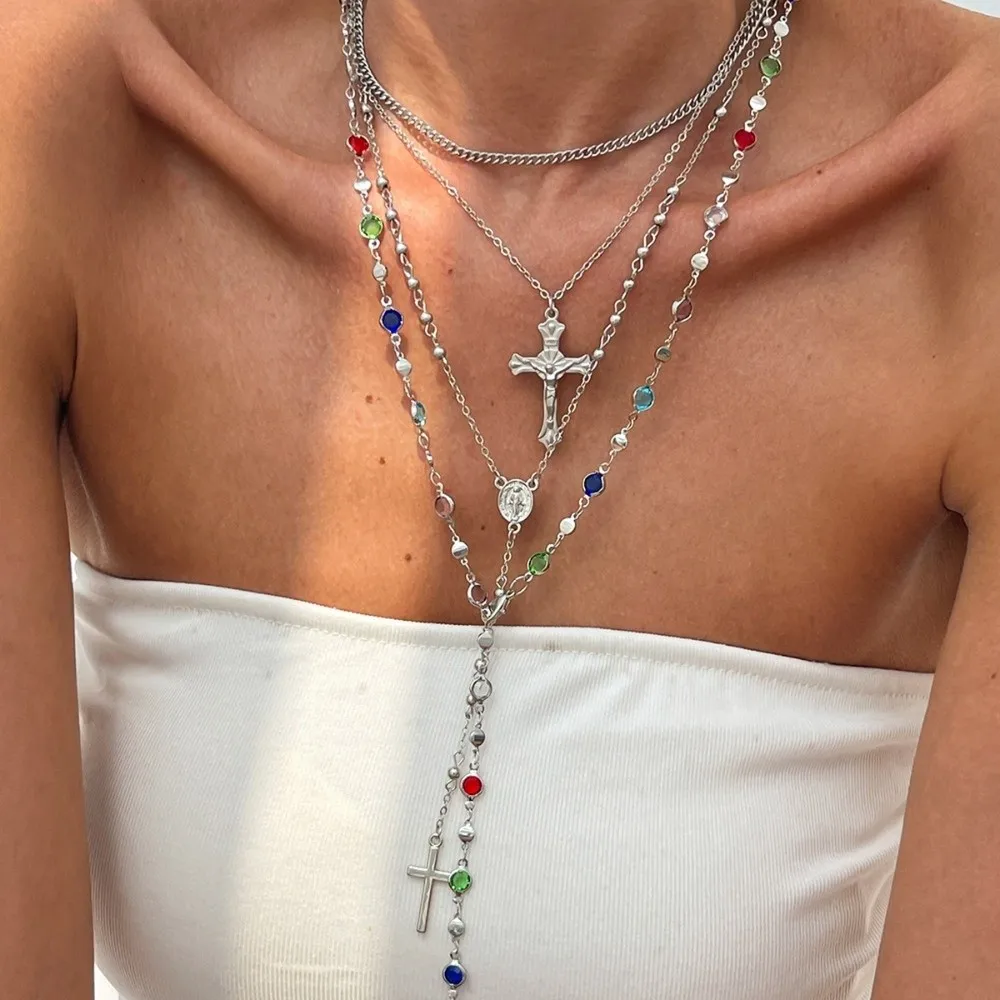

Rhinestone Metal Stacked Necklace Y2K Y-shaped Necklace Stacked Collarbone Chain Brass Vintage Style Cross Necklace Set Daily