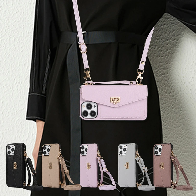 Wallet Shoulder Strap Phone Case for iPhone 16 Pro Max 13 12 14 15 Pro Max 16 Plus Rope Lady Leather Card Pocket Lanyard Cover