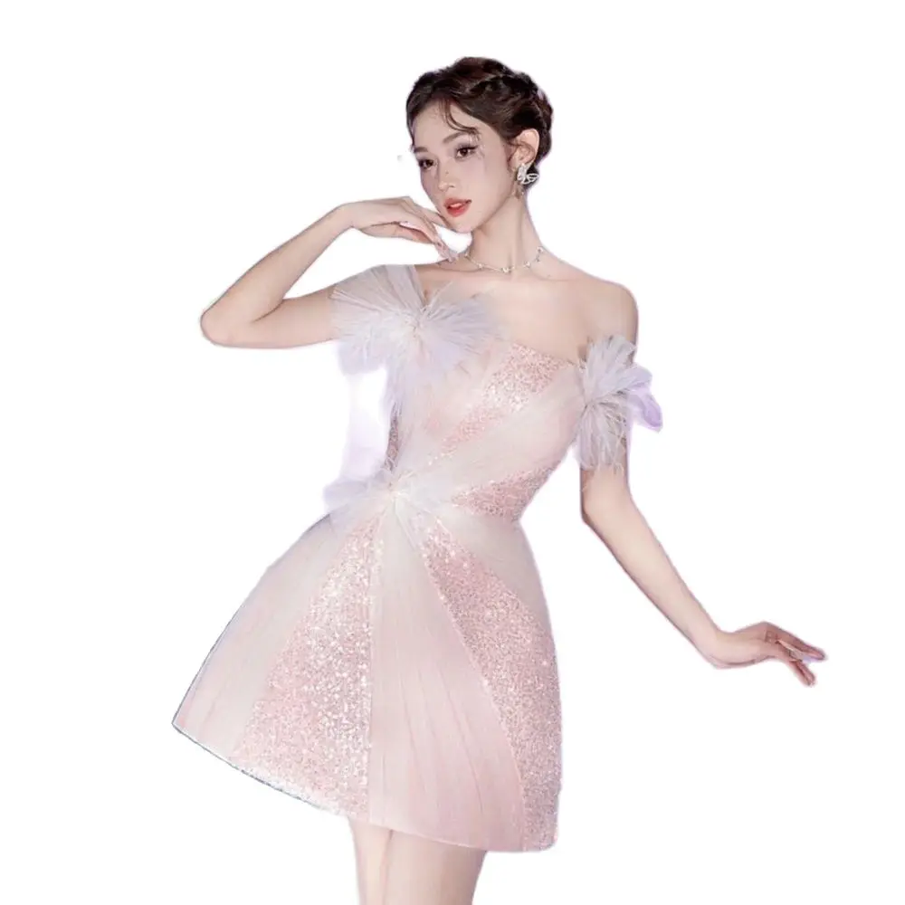 Bez ramiączek świecąca jasnoróżowa cekinowa sukienka na przyjęcie Mini seksowna świecąca sukienki koktajlowe Plus Size vestido feminino vestidos para muje — zdjęcie 2