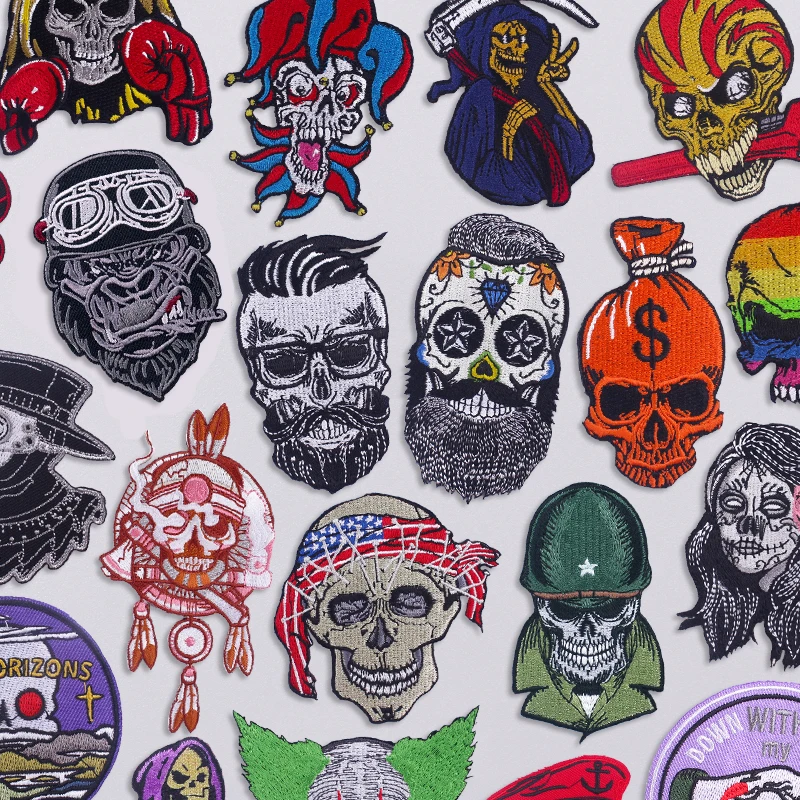 Punk Skull Embroidered Patches For Jacket Clothes DIY Sew/Fusible Badges Horror Biker Skeleton Patch Iron On Patches On Clothes