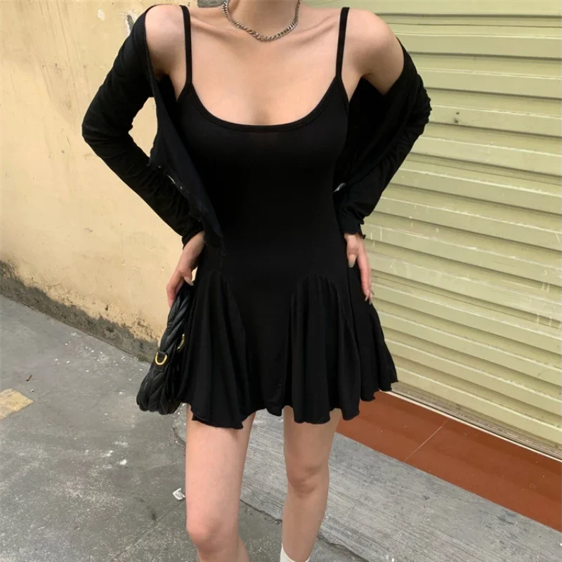 

Autumn New Sling Short Black Dress Sets Women High Street Spicy Girls Crop Top & Short Mini Dress Sexy Club Two Piece Tracksuit