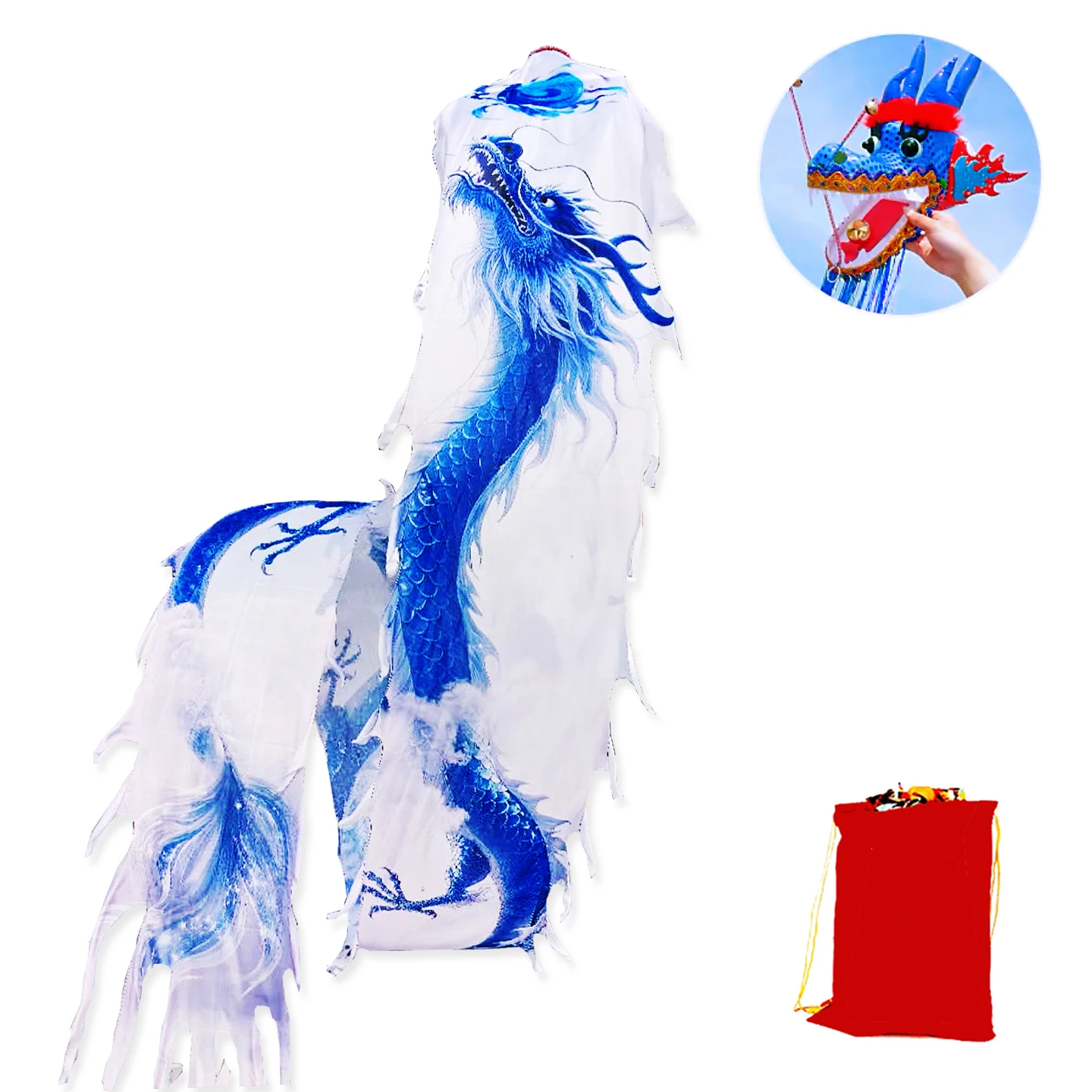 White Blue Dragon Poi with Dragon Head, One-piece Molding Lightweight Outdoor Fitness Dragon Body Ribbon Streamer Stage Prop Set