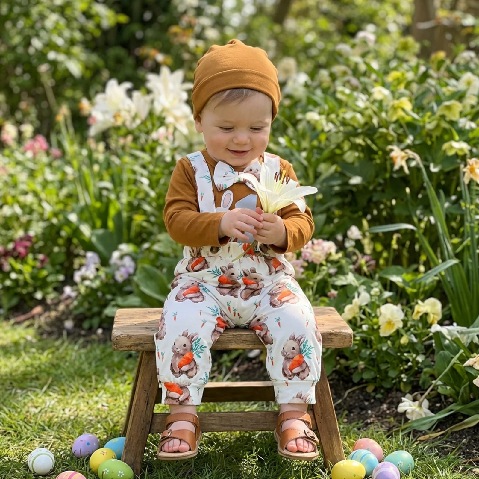 3Pcs Infant Boy Easter Outfit Crew Neck Long Sleeve Bunny Print Bowtie Decor Romper Suspender Pants Hat Set Costume