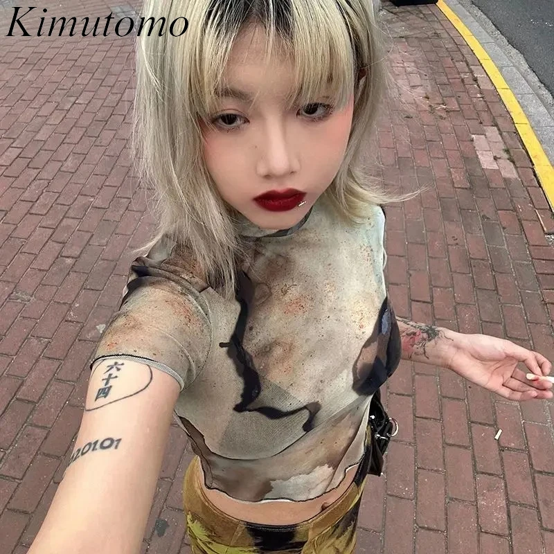 

Kimutomo T Shirts Women Printing Slim Stretch See Through Mesh Patchwork Sexy Crop Tops Female Harajuku Y2k Tshirt Casual