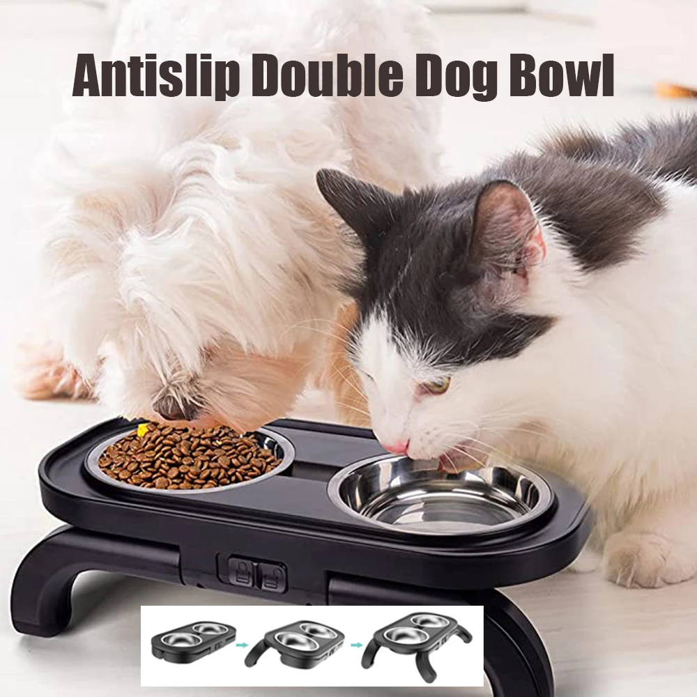 Stainless Steel Antislip Double Dog Bowl Raised Cat Food and Water Bowl Small Dog 15°Tilted Elevated Pet Feeding Drinking Bowls