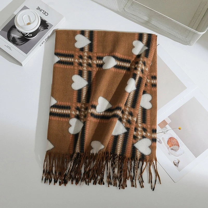 Double Side Heart-shaped Checkered Scarf Female Winter Korean Fashion Versatile Shawl Thickened Outer Scarf Warm Neck Protection