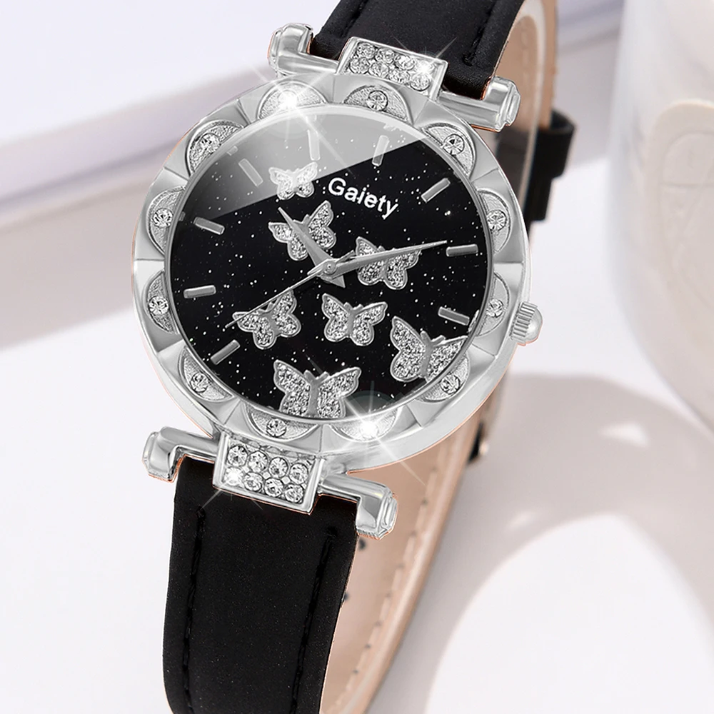 6PCS/Set Women Watch Set Rhinestone Quartz Wristwatch Butterfly Element Dial Watch Set Butterfly Jewelry Set Gift For Girls