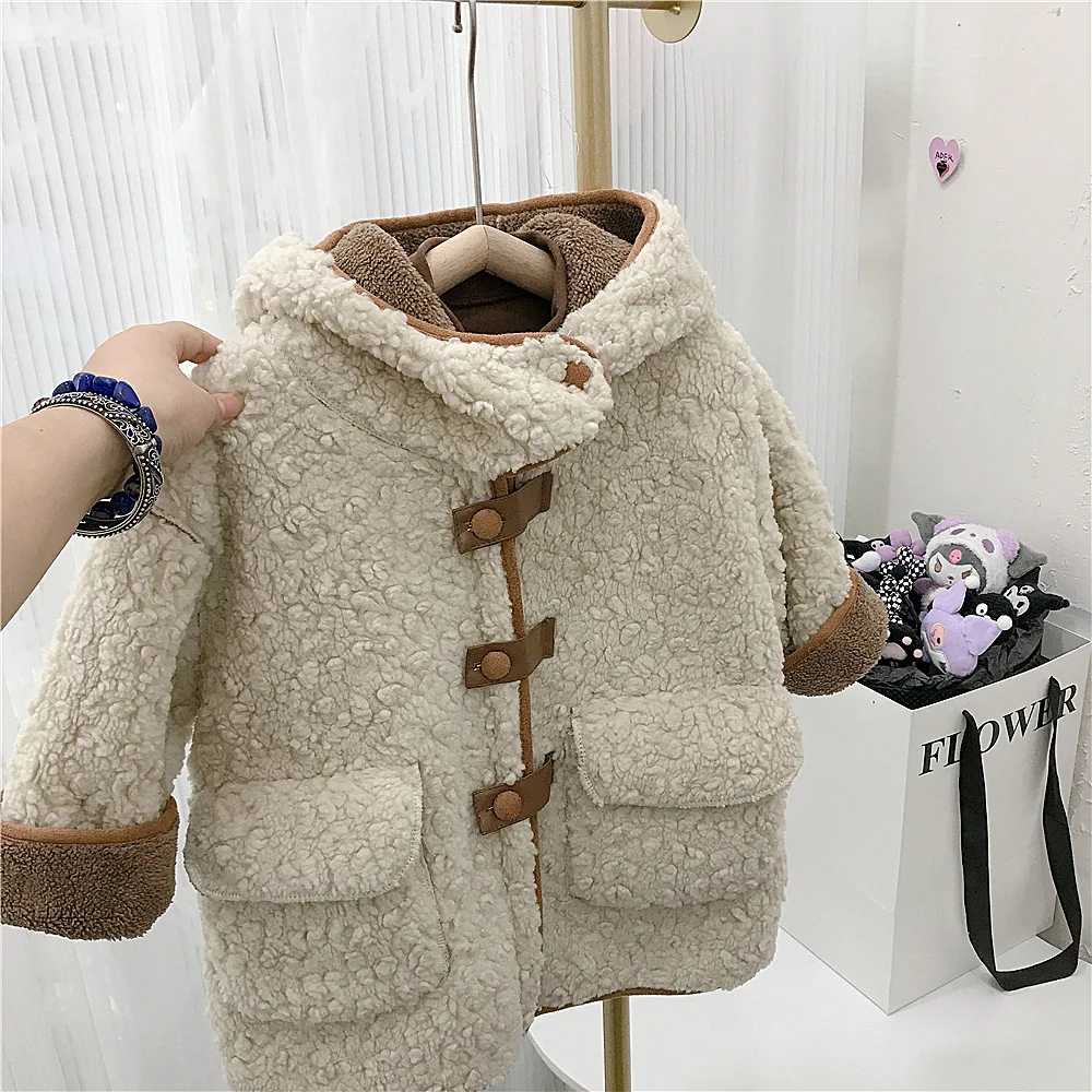 Baby Girls Lamb Wool Coats 2024 Autumn Winter Fashion Children Long Sleeve Thickened Hooded Warm Jackets Kids Clothes Outerwear