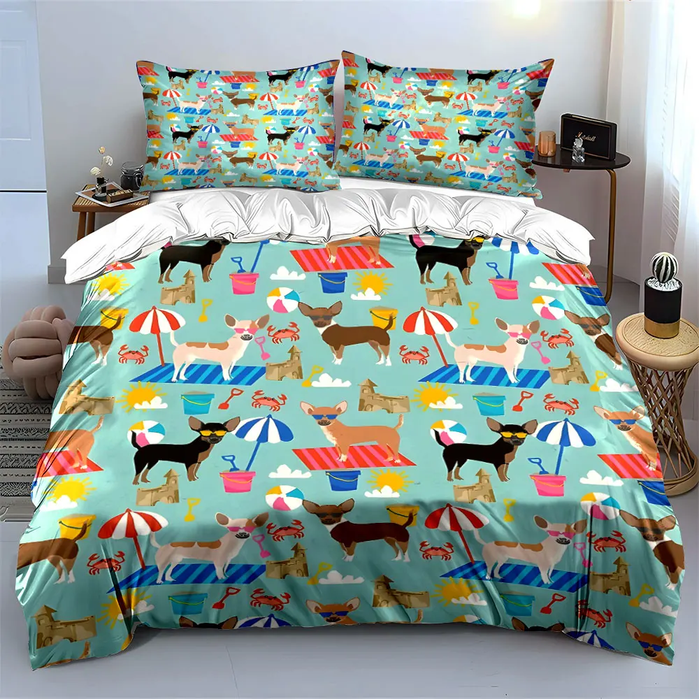 Beach Theme Chihuahua Decor Set Soft Skin-Friendly Bedding Set Includes 1 Duvet Cover And 2 Pillowcase, Gift