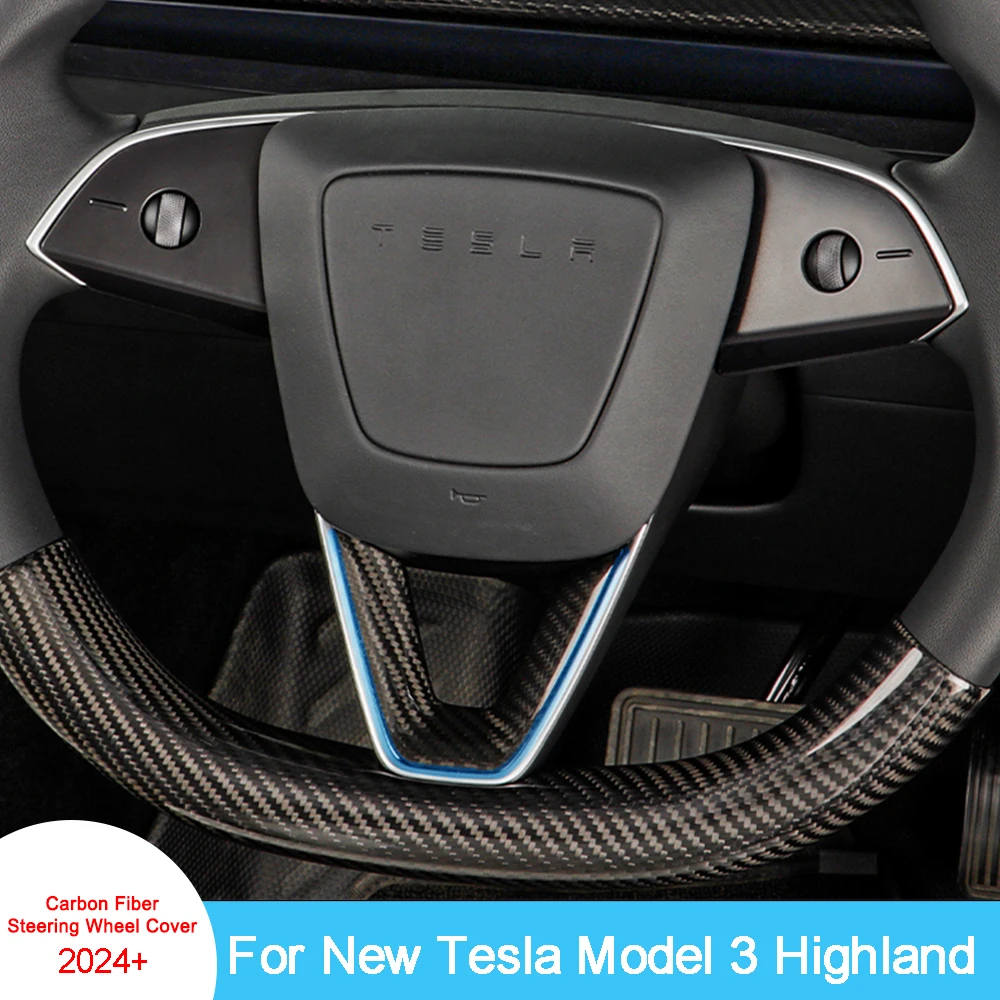 Carbon Fiber Steering Wheel Cover For Tesla New Model 3 Highland 2024 Car Accessories Sticker Interior Steering Wheel Patch Trim