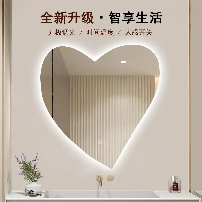 Ultra White Glass Cartoon Peach Heart Bathroom Washbasin Wall Hanging LED Makeup Mirror with Touch Lamp Fill Light