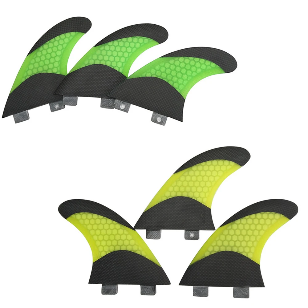 

Carbon Fiber UPSURF FCS Medium/Large Surfboard Fins Thruster Honeycomb Tri Surfing Fins Double Tabs Green/Yellow Short Board Fin