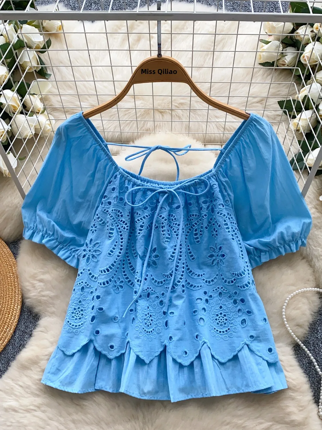 

Korean Sle Lace Hollow out Bubble Sve One oulder Design Women's Summer irt Small Size Beautiful Top Faionable Comm...