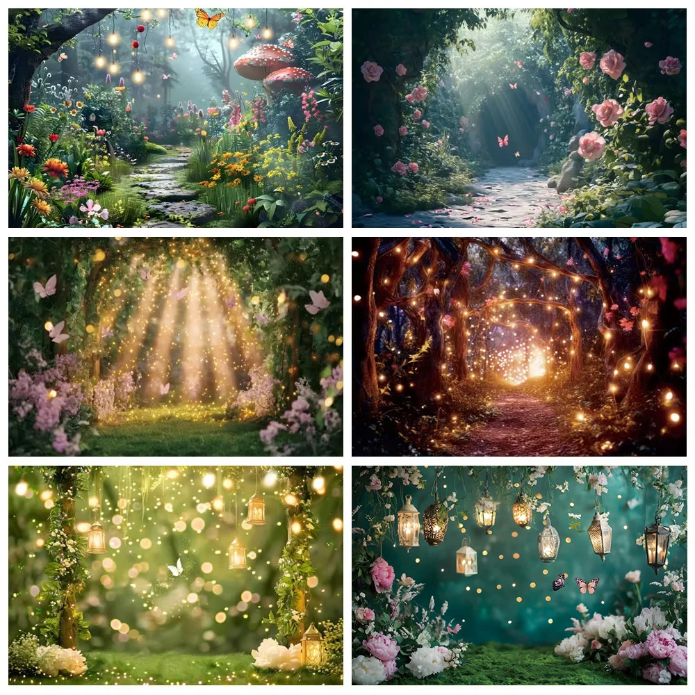 

Fairy Tale Garden Backdrop for Photography Fantasy Nature Jungle Butterfly Flower Light Bokeh Princess Birthday Photo Background